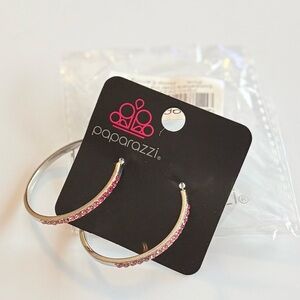 Paparazzi Silver and Pink Rhinestone Hoop Earrings